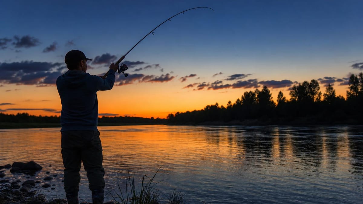 An angler casting from a shoreline in the last minutes of dusk, water surface holding the final light, silhouetted trees along the far bank