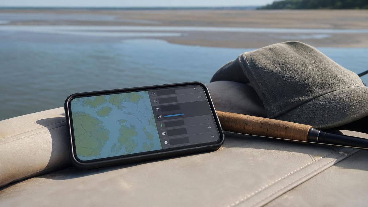 A phone lying on a boat seat beside a rod and a cap, screen showing a map with a conditions panel, an estuary and low tide flats visible in the background