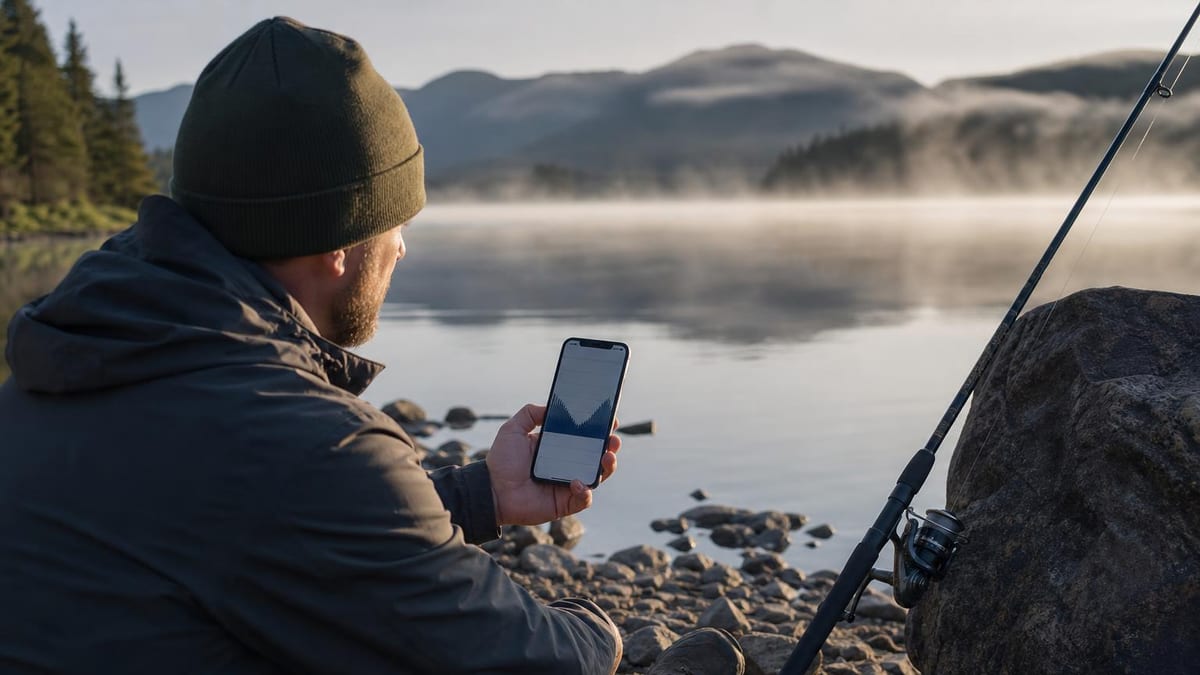 An angler sits on a rocky lake shore at first light holding a smartphone that shows an hourly conditions chart, fishing rod propped against a boulder beside them, calm water and low mist behind