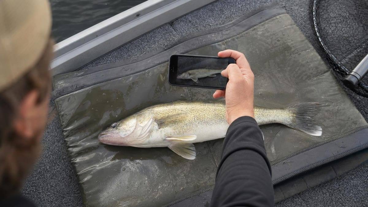 Looking over an angler's shoulder as they photograph a freshly caught fish lying side-on across a wet measuring mat on a boat deck, the phone held flat above it