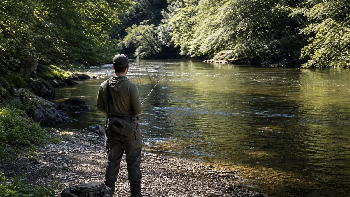 An angler in waders standing on a gravel bank, seen from behind, reading a shaded river where the current slides into a deeper pool, a tackle bag on the stones beside them