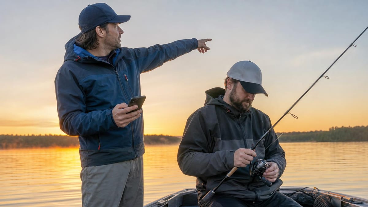 Two anglers on a boat deck at sunrise, one holding a phone and pointing across the water while the other adjusts a rod, calm open water and a low shoreline behind them
