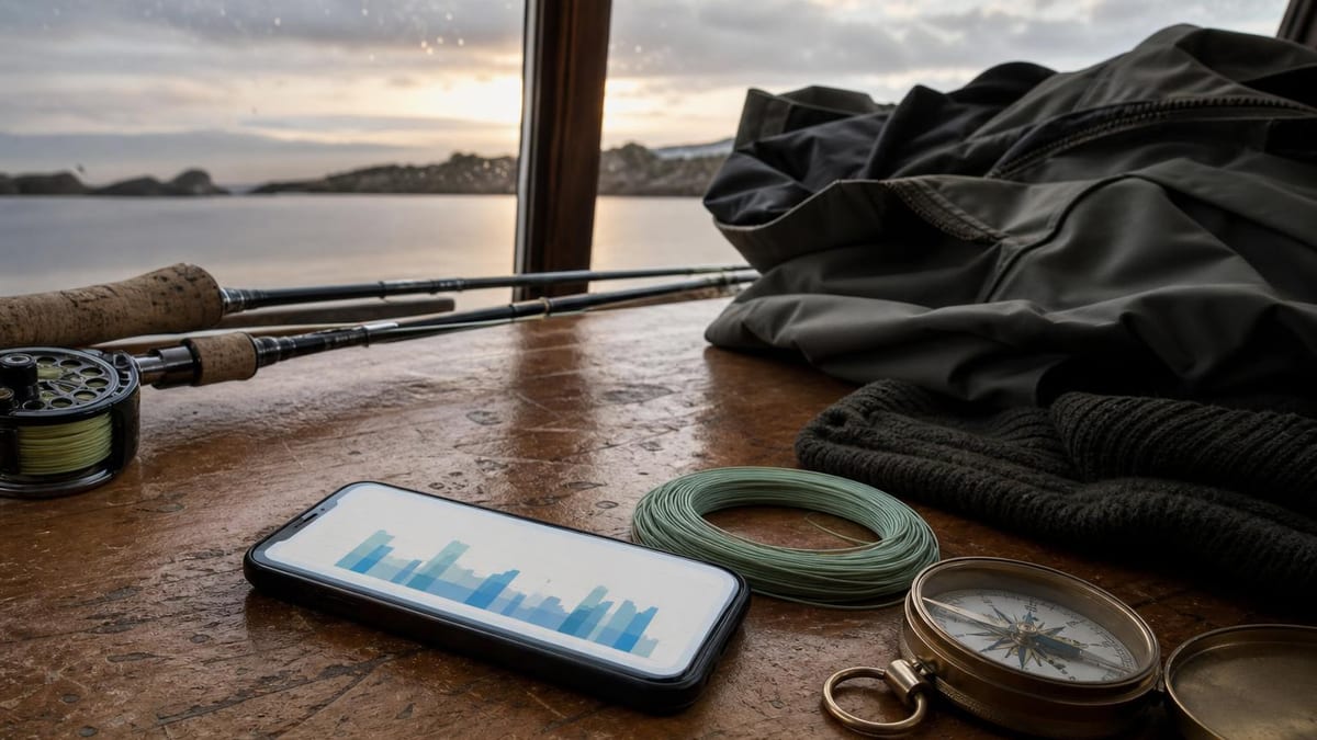 A phone lying on a varnished wooden table showing a simple bar chart, a coil of fly line, a brass compass, a jacket and two rods around it, grey water and low cloud through the window behind