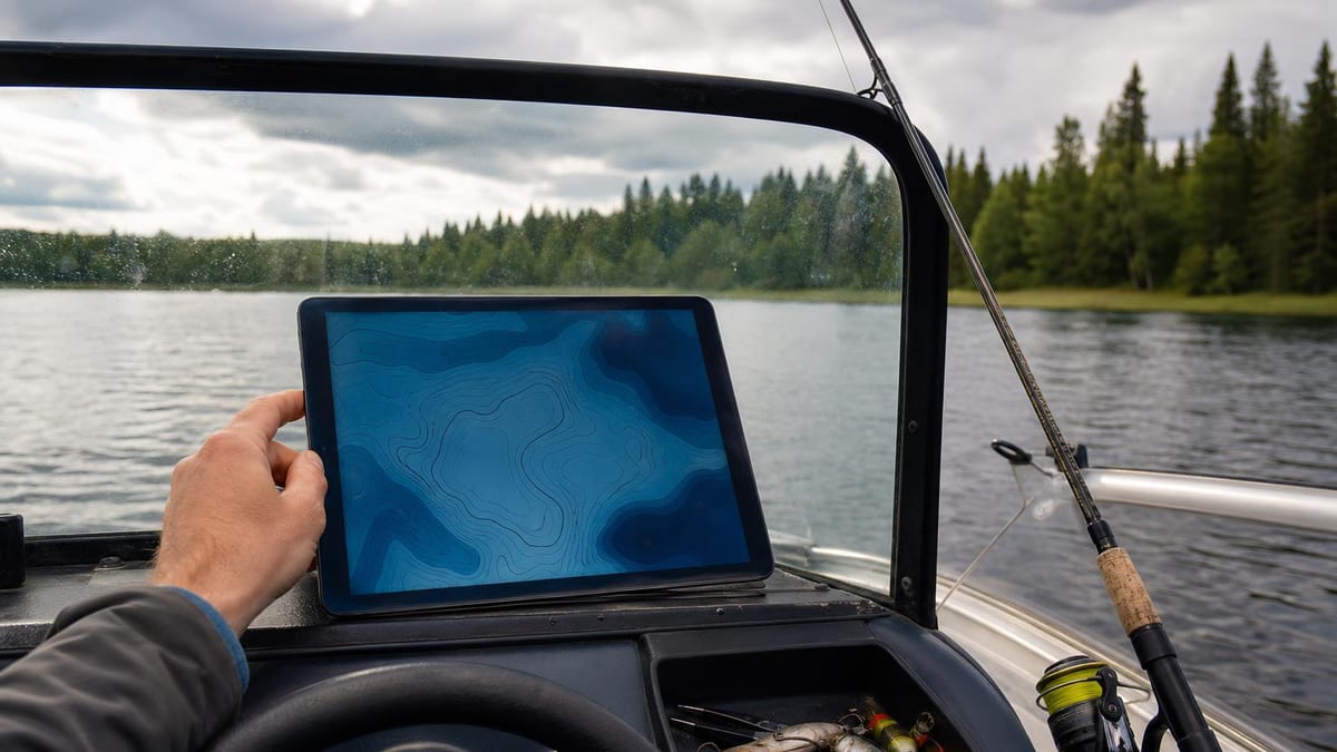 A tablet propped at a boat console showing a contour map of a lake bottom, a hand steadying it, open water and a wooded shoreline visible through the windscreen