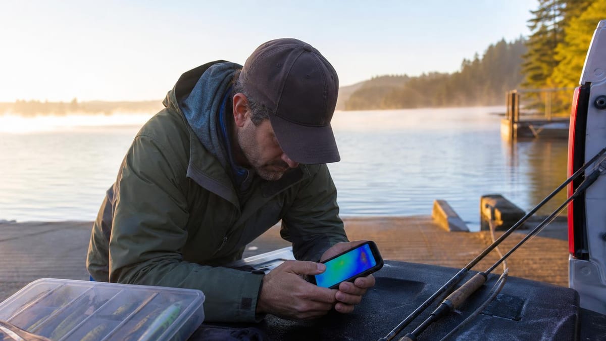 An angler at a misty boat ramp at dawn leaning on a truck tailgate, studying a phone beside rods and an open tackle box