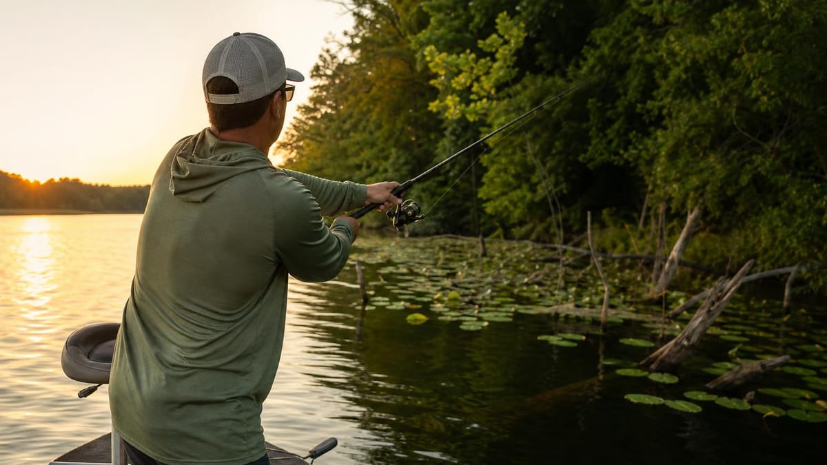 An angler casting from a small boat toward lily pads and half-submerged timber along a calm shoreline at golden hour