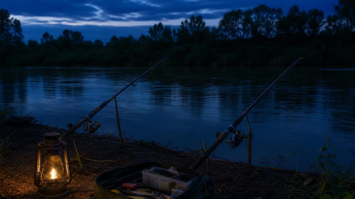 An angler on a river bank at dusk with two rods propped on holders pointing out over dark water, a lantern beside a tackle bag on the mud