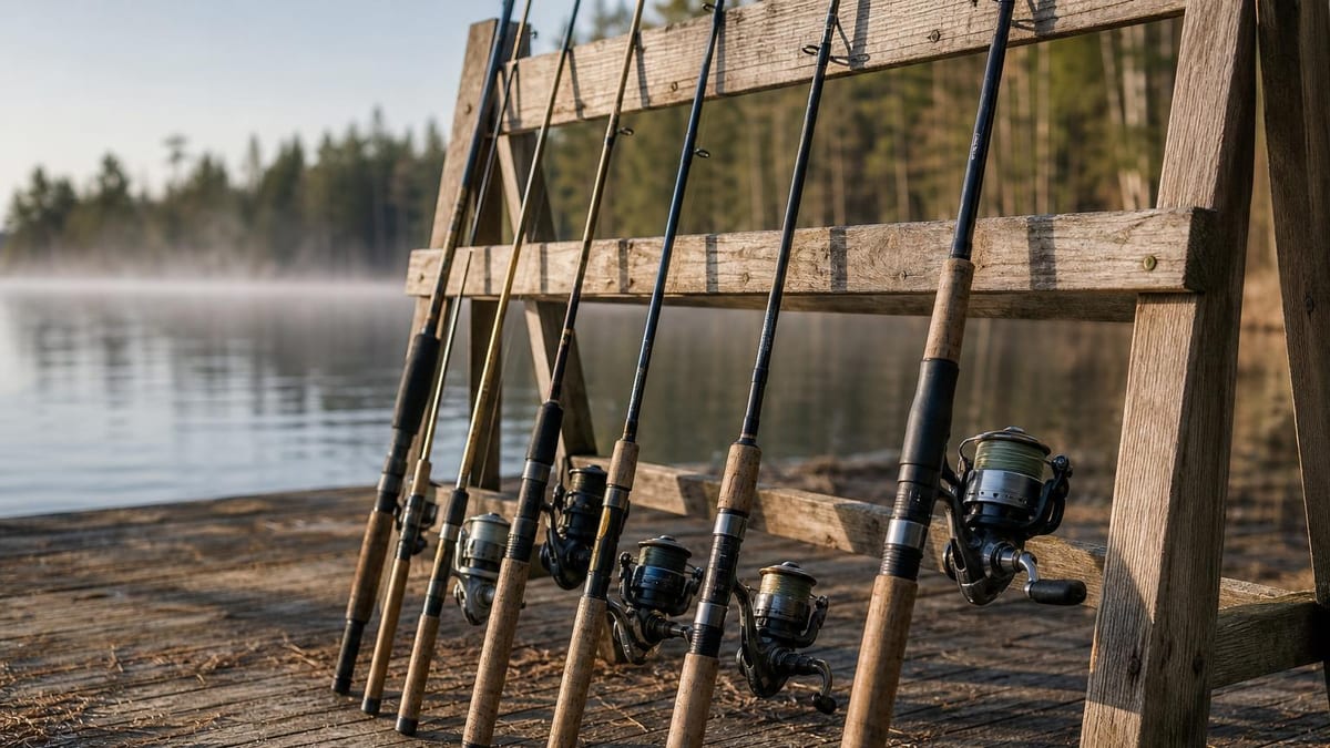 A row of unbranded fishing rods of different lengths leaning against a weathered wooden rack in soft morning light beside a lake
