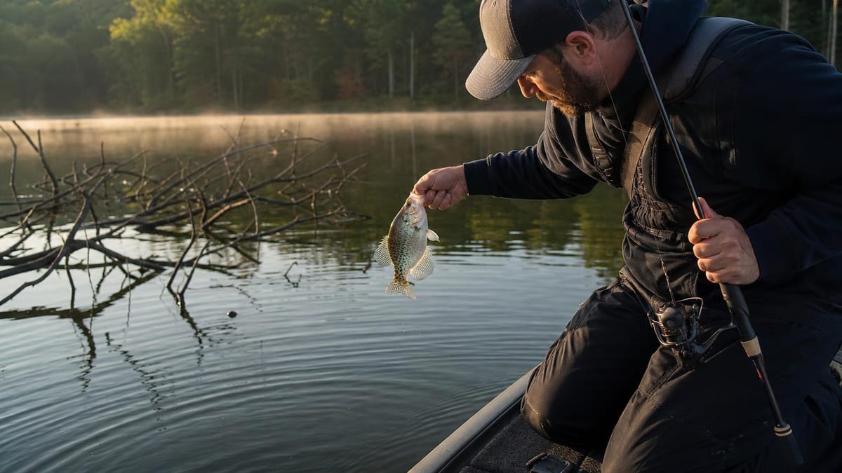 An angler in a boat lifting a crappie clear of the water by the line, rod held upright in the other hand, a half-submerged brush pile and misty treeline behind in early morning light