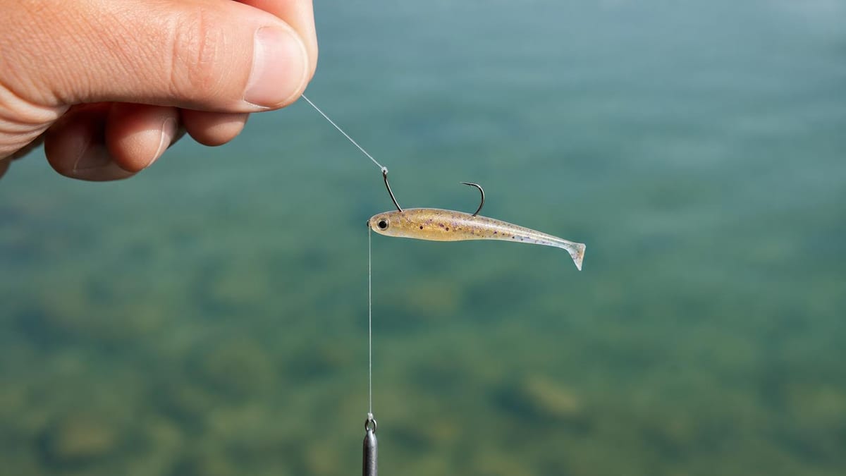 Macro of a drop shot rig against clear water — a small hook tied on the line with a slim weight hanging below at the line's end