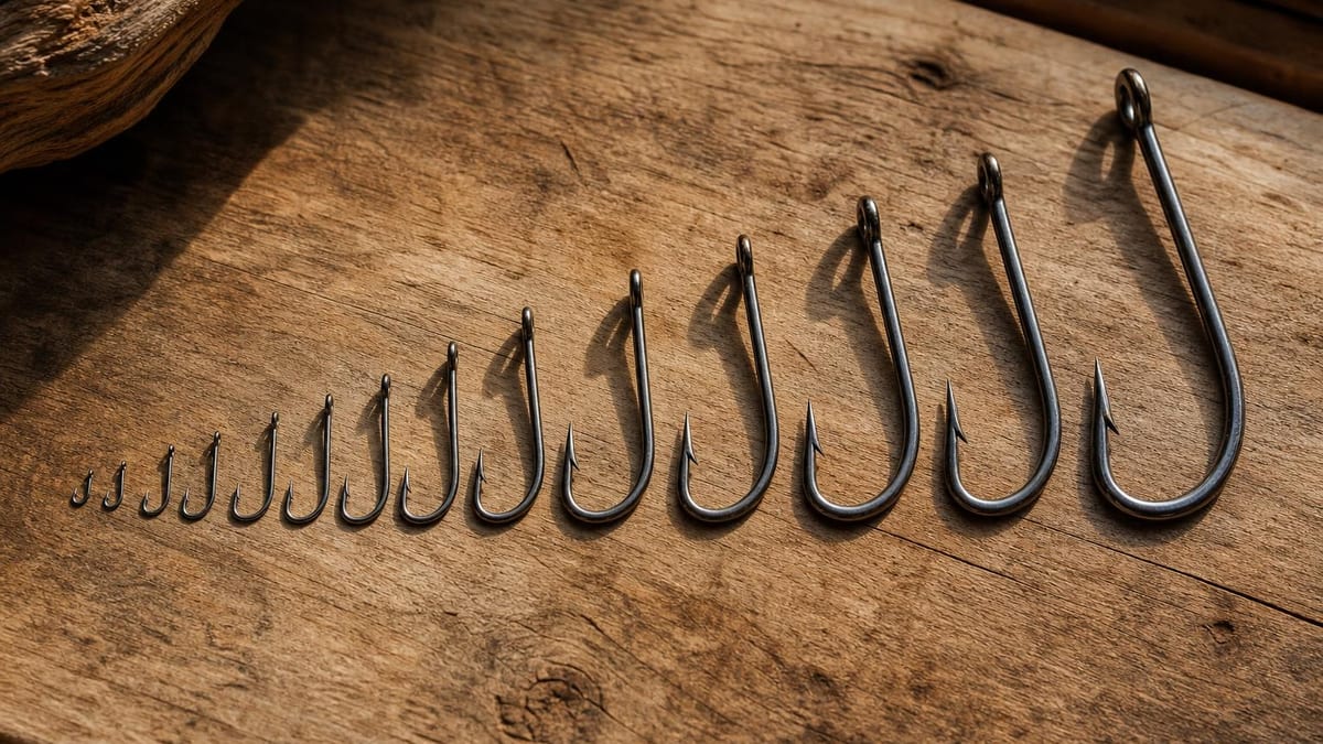 A row of bare fishing hooks arranged from tiny to very large on a weathered wooden surface in warm window light