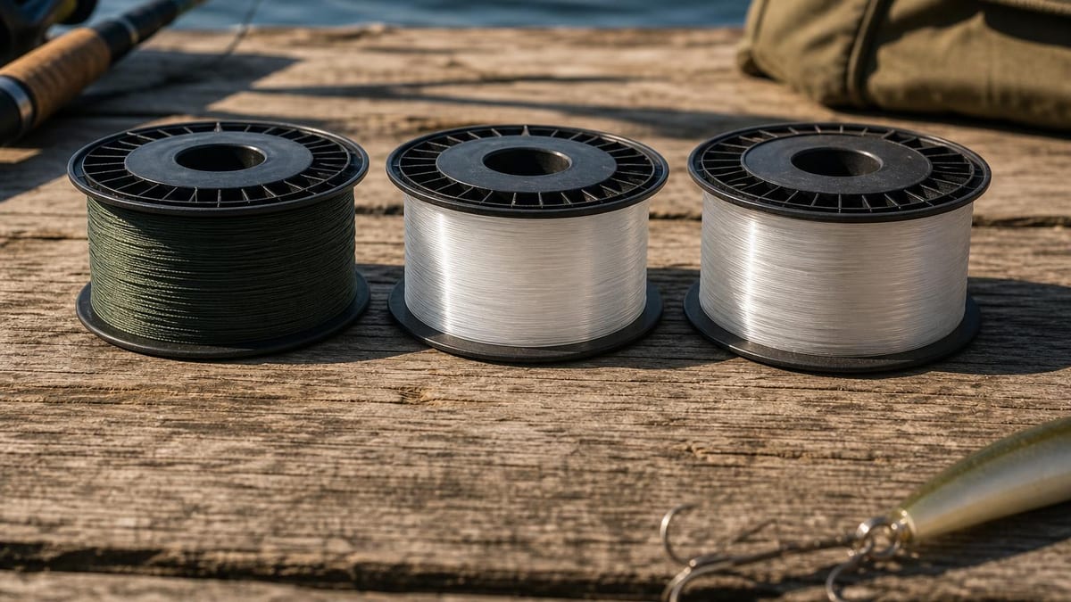 Three spools of fishing line on weathered dock planks — dark braided line, clear monofilament and stiffer clear fluorocarbon — in hard afternoon light