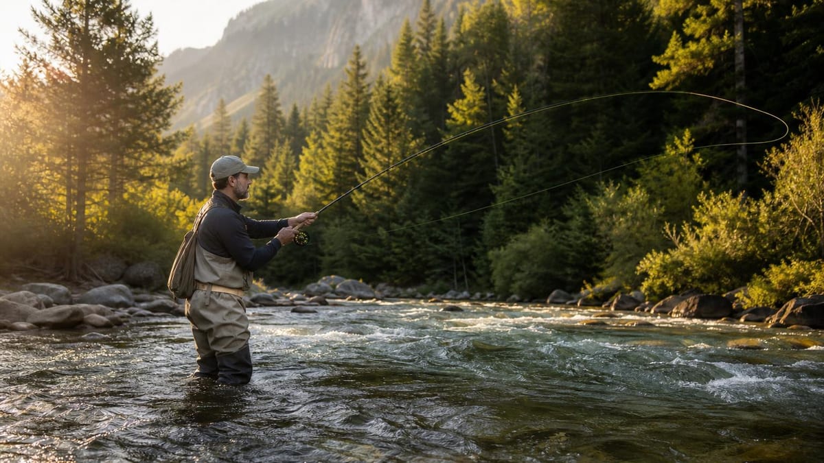 A fly angler standing thigh-deep in a clear mountain stream at golden hour, fly line laid out across riffled water
