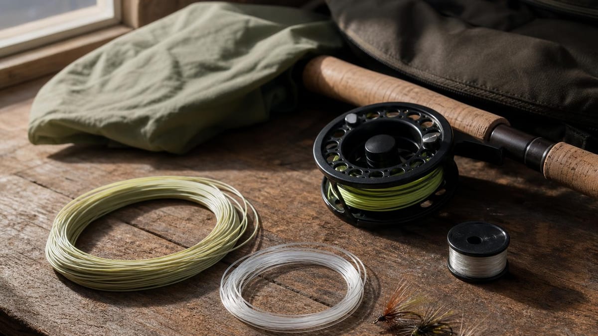 Fly tackle on a weathered table — a reel loaded with bright fly line, a coiled tapered leader, a spool of fine tippet and three trout flies