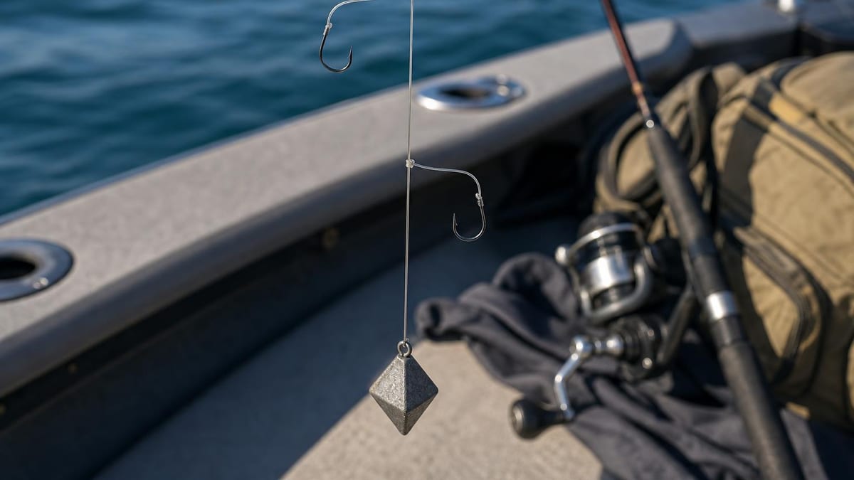 A two-hook bottom rig hanging vertically — two short dropper loops holding hooks above a pyramid sinker, against blurred water