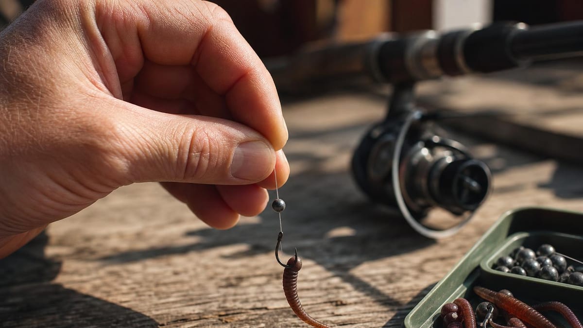 Macro of fingers pinching a small round split shot onto clear fishing line above a hook with a soft plastic worm on a wooden surface