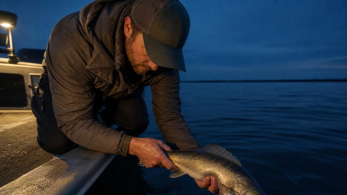 An angler holding a walleye low over the gunwale of a boat at last light, the fish's reflective eye catching the lamp, dark water behind